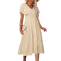 MEROKEETY Women's Summer Casual V Neck Ruffle Sleeve Smocked High Waist Midi Dress with Pockets