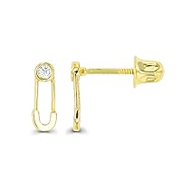 14K Yellow Gold 1.5mm Round Cubic Zirconia Safety Pin Screwback Stud Earring