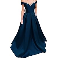 Women's Off The Shoulder Beaded Prom Dresses Long Evening Ball Gown with Pockets
