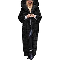 TUNUSKAT Womens Loose Faux Fur Coat With Big Hood Winter Solid Maxi Plush Warm Overcoat Outwear Long Sleeve Long Jacket Tops