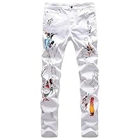 Men's Fashion White Trousers Casual 3D Digital Colorful Printed Animal Stretch Small Straight Jeans White 38