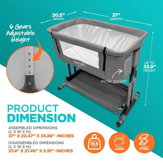 SereneLife Baby Bassinet, Bedside Sleeper for Infant & Newborn, Baby Bed for Safe Co-Sleeping, Easy Folding Portable Crib w/Storage Basket, Adjustable Height, Wheels, All Mesh, w/Travel Bag (Grey)