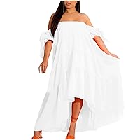 Sun Dresses Women Summer Casual Fairy Off The Shoulder Ruffle Short Sleeve Smocked Tiered Ruffle Swing Maxi Dresses