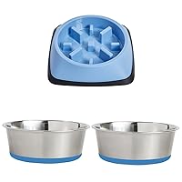 Gorilla Grip Slow Feeder Cat and Dog Bowl and Stainless Steel Metal Dog Bowl Set of 2, 2 Cup Slow Feeding Bowl Prevents Overeating, 2 Cup Heavy Duty Stainless Steel Bowls, Both Blue, 2 Item Bundle