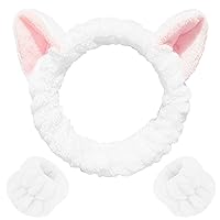WHAVEL 3PCS Spa Headband and Wristband Set, Cute Cat Ears Headband for Washing Face Makeup Headband Face Wash Headband Wrist Bands(White 01)