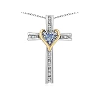 14k Yellow Gold Two Tone Love Cross with Heart Stone Pendant Necklace