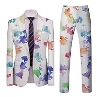 Mens 1 Button Color Printing Style on White Background New Suits (Jacket+Pants