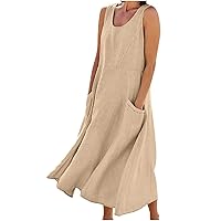 Women Basic Cotton Linen Sleeveless Midi Dresses Summer Trendy Lounge Loose Fit Swing A-Line Dress with Pockets