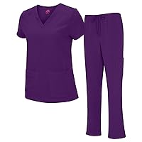 Natural Uniforms Women's Cool Stretch V-Neck Top and Cargo Pant Scrub Set with Regular and Petite Sizes