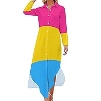 Pansexuality Pride Flag Women's Shirt Dress Long Sleeve Button Down Shirts Dress Casual Loose Maxi Dresses