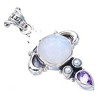 StarGems® Natural Moonstone Amethyst And River Pearl Handmade 925 Sterling Silver Pendant 1.75