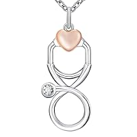 | Sterling Silver Stethoscope Pendant Necklace | Cubic Zirconia Stone Infinity Loop with Heart for Doctors, Nurses or Students
