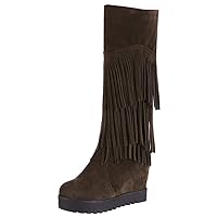 BIGTREE Womens Knee High Boots Hidden Wedge Heel Tassel Winter Autumn 3-Layer Fringe Tall Boots