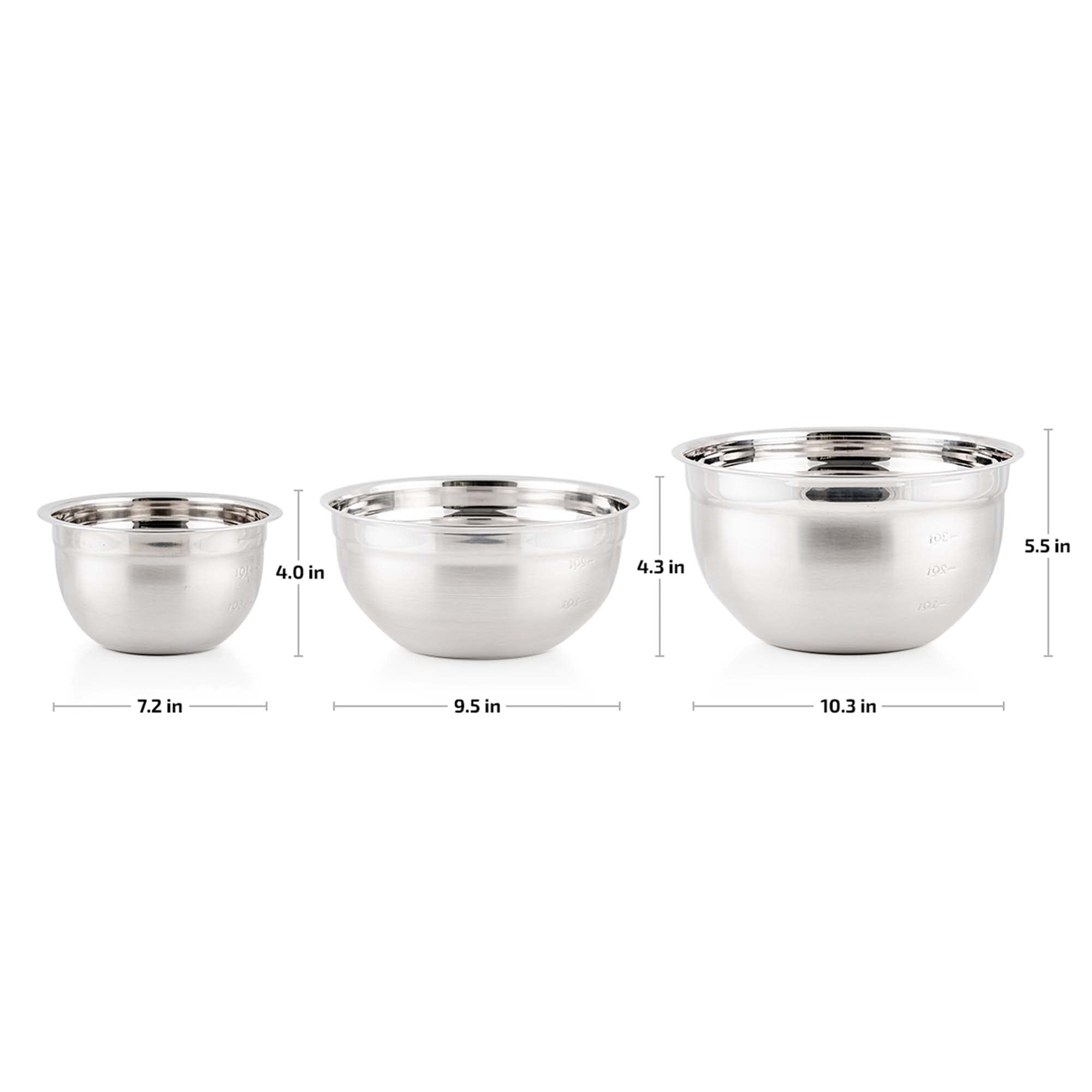 OVENTE Mixing Bowl Stainless Steel with Lids, Nesting Bowls with Measuring Marks, Safe Easy to Clean & Storage, Perfect for Cooking Baking Serving, Silver BM46333S, 1.5, 3.5, and 5 Quarts, Set of 3