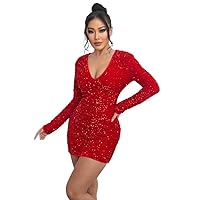 Women's Dress Plunging Neck Sequin Bodycon Dress (Color : Red, Size : Large)