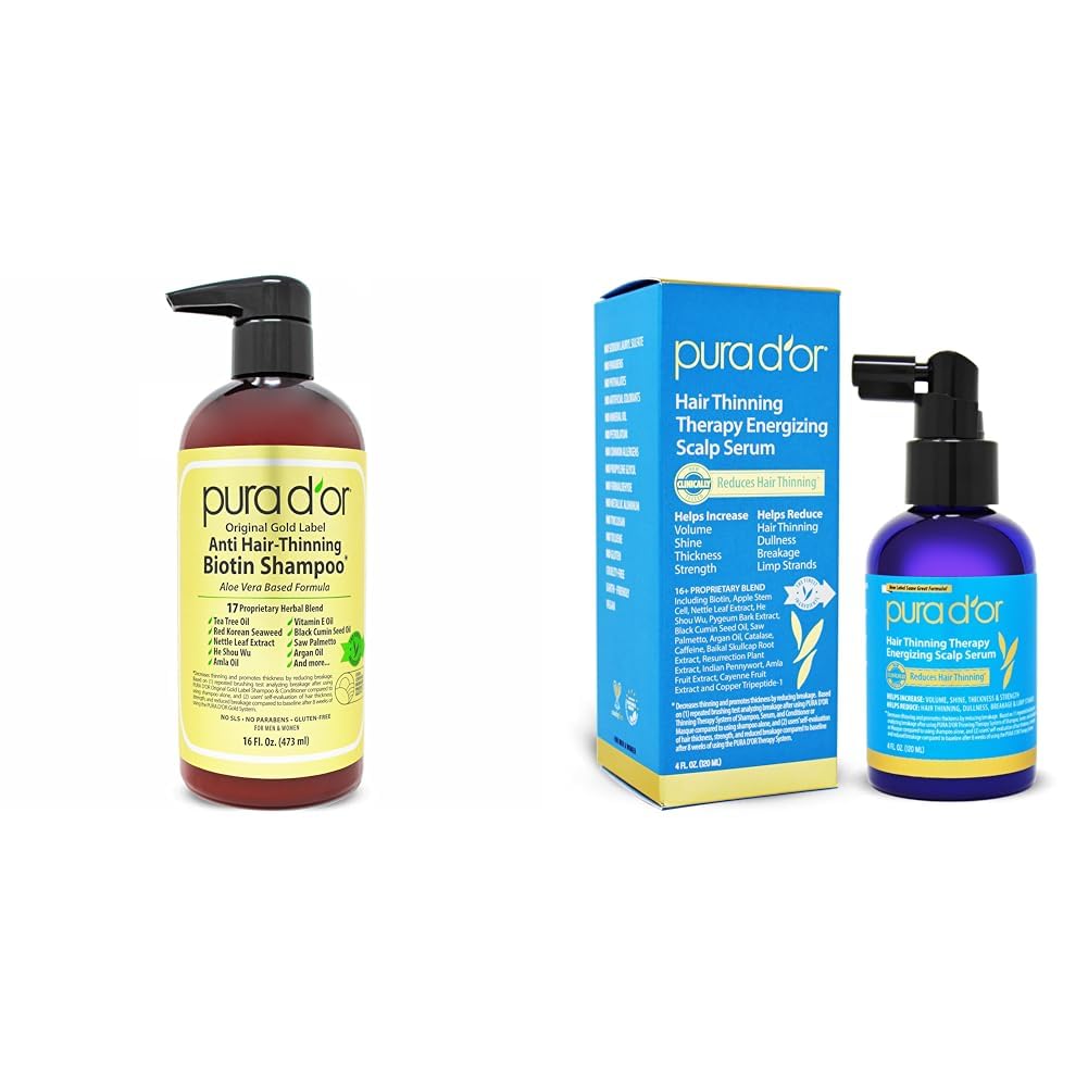 PURA D'OR Anti-Thinning Biotin Shampoo, Clinically Tested DHT Blocker & Scalp Therapy Energizing Scalp Serum Revitalizer (4oz) with Argan Oil, Biotin
