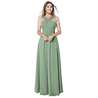 Bridesmaid Dress - Floor-Length Chiffon A-Line Princess Gown Sleeveless Halter Back Zip - Elegantly Pleated