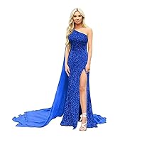 Women's One Shoulder Prom Dresses with Cape Mermaid Slit Evening Formal Gowns Backless Sequin