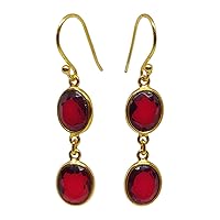 Red Garnet Oval Shape Gemstone Drop Dangle Earrings for Women Gold Plated 925 Sterling Silver Fashion Designer Party Jewelry Handmade by Artisan