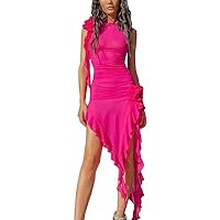 Women Sexy Mesh Ruffles Bodycon Dress 3D Floral Tassels Frill Long Dress Split Strapless Ruched Midi Club Party Dresses