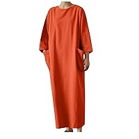 Plus Size Cotton Linen Long Dresses for Women Casual Loose 3/4 Sleeve Round Neck Summer Beach Maxi Dress with Pockets