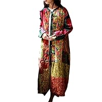 Cotton Linen Long Mid-calf Coat Women Flower Loose Chinese Style Outerwear Sleeve Patchwork Dresses