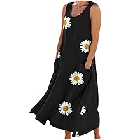 Women's Summer Casual Cotton Linen Sleeveless Scoop Neck Swing Dress Print Flowy Maxi Beach Tank Dress with Pockets