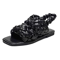 Women's Braided Flat Sandals Square Open Toe Single Leather Low Heel Flat Slippers Slip On Sandal Square (Color : Black, Size : 40)