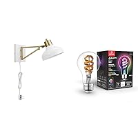 Globe Electric 51344 Berkeley 1-Light White Plug-in or Hardwire Swing Arm Wall Sconce with Brass Accents + 35850 Wi-Fi Smart 7W (40W Equivalent) Multicolor Changing RGB Tunable White Clear LED