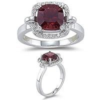 2.95 Ct Diamond & 8mm AAA Cushion Concave Garnet Ring in 14K White Gold