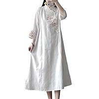 Chinese Stand Collar Embroidery Cotton Linen Qipao Women Loose Long Retro Comfortable Seven-Point Sleeve Dress