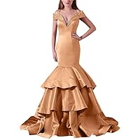 VeraQueen Women's Spaghetti Straps Satin Tiered Mermaid Prom Dress Cap Sleeves Beaded Evening Dresses Champagne