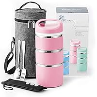 Lille Home Stackable Stainless Steel Thermal Lunch/Snack Box, 3-Tier Insulated Bento Box with Portable Cutlery Set, 43OZ, Pink