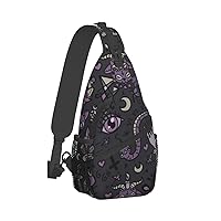 Purple Black Goth Spooky Print Crossbody Backpack Shoulder Bag Cross Chest Bag For Travel, Hiking Gym Tactical Use