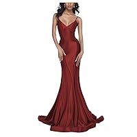 Women's V Neck Suspenders Prom Dress Mermaid Satin Prom Gown with Trailing Lacing Floor Length Evening Dress