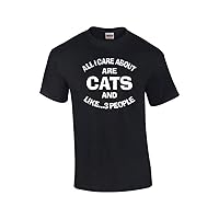 Funny I Care About Cats and 3 People Adult Short Sleeve Tee Shirt Black