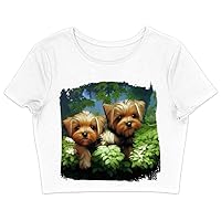 Garden Themed Women's Cropped T-Shirt - Yorkie Crop Top - Illustration Crop Tee Shirt