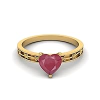MOONEYE 1.00 Cts Heart Shape Ruby Glass Filled Gemstone 925 Sterling Silver Solitaire Flower Engraved Shank Engagement Women Love Ring