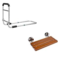 OasisSpace Bed Rail - Bedside Fall Prevention Grab Bar Mobility Aid for Elderly Seniors 20” Teak Folding Shower Seat Bench, Medical Wall Mounted Fold Down Shower Seat
