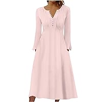 Dresses for Women Casual Fashion Solid Color V-Neck Pullover Long Sleeve Dress with Pockets