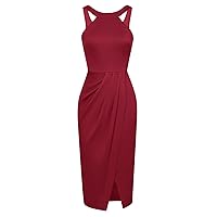 GRACE KARIN Women's Halter Neck Sleeveless Ruched Bodycon Slit Velvet Wrap Party Cocktail Midi Dress