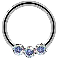 Tri Rainbow Cz Gemstones 16 Gauge G23 Grade Titanium Hinged Clicker Segment Ring - Hoop Cartilage - Daith Hoop - Segment Ring Body Jewelry