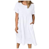 FQZWONG Women's Short Sleeve Cotton Linen Tunic Dress Summer Casual Plain Crew Neck Plus Size T-Shirt Sun Dress with Pocket