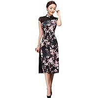 Women Splicing Printed Flower Silk Qipao Short Sleeve Slim Traditional Chinese Button Cheongsam Clothes