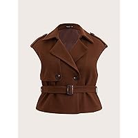 2022 Women's Plus Size Coats Fashion Plus Double Breasted Belted Vest Overcoat Work Leisure Fashion Comfortable Warm (Color : Rust Brown, Size : X-Large)