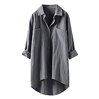 Women's Loose Linen Cotton Shirts Y2K 3/4 Sleeve Low High Oversized Tunics Casual Loose Fit Tops Pockets Sheer