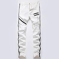 High Street Mens Straight Hole Ripped Jeans Distressed Denim Pants Men Fashion Hip Hop Zipper Designer White Red Cotton Jeans,White,36