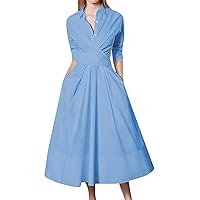 Trendy Fall Formal Midi Dresses for Women Long Sleeve Casual Button Down Sexy V Neck Elegant Smocked Flowy Dress
