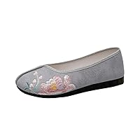 Floral Embroidered Cotton Fabric Shoes Ladies Vintage Spring Flats Round Toe Slip On for Women Soft Heel Mom Shoe Gray 4.5