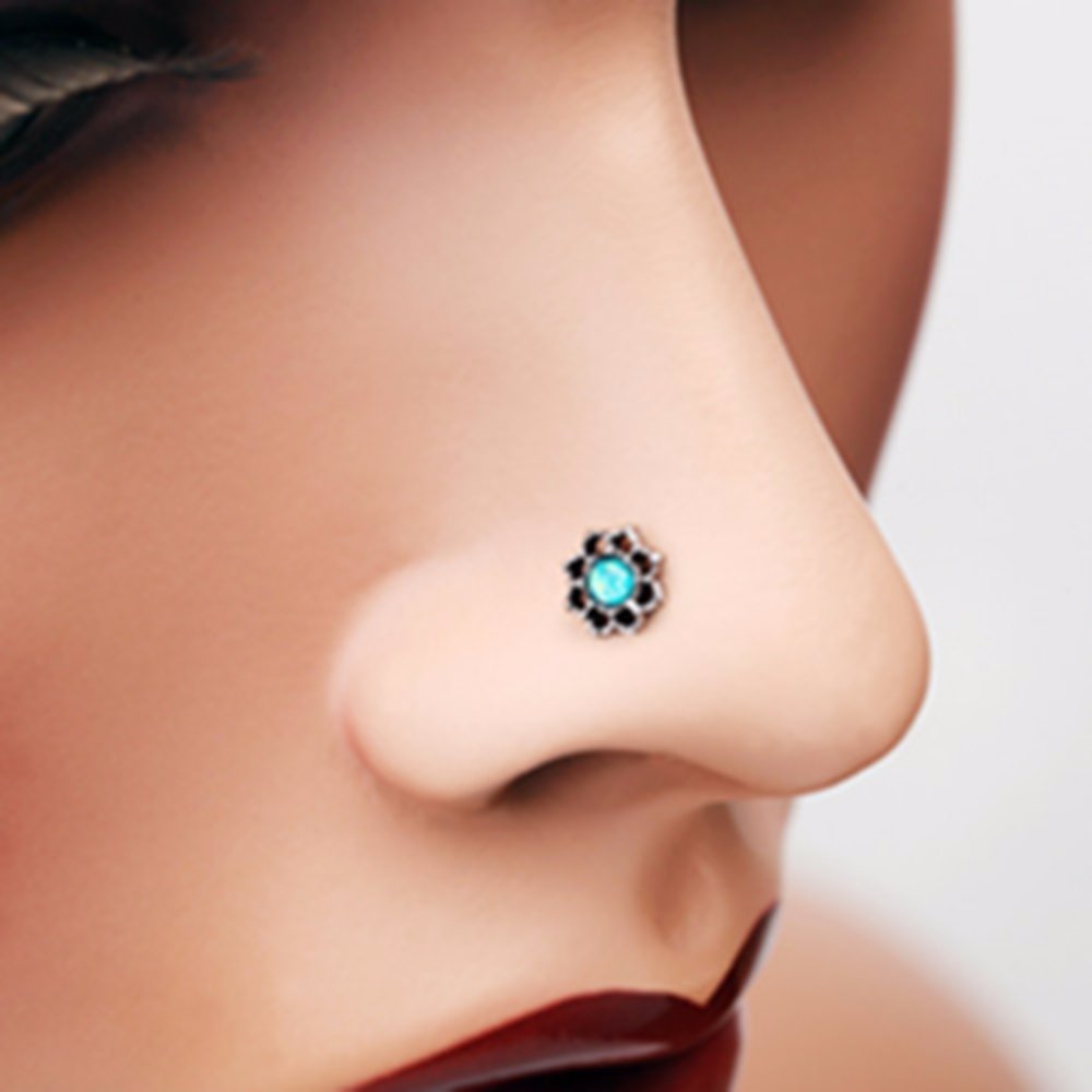 WildKlass Jewelry Lotus Opal Sparkle Filigree Icon L Shaped Nose Stud Ring 316L Surigcal Steel